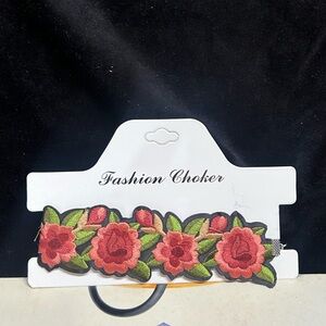 Floral Embroidered Choker Necklace in Red and Green